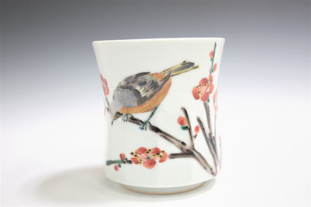 鈴木爽司 色絵花鳥図 角瓶 高さ約29.5㎝ 東さ8-0107① 鈴木爽司 色絵