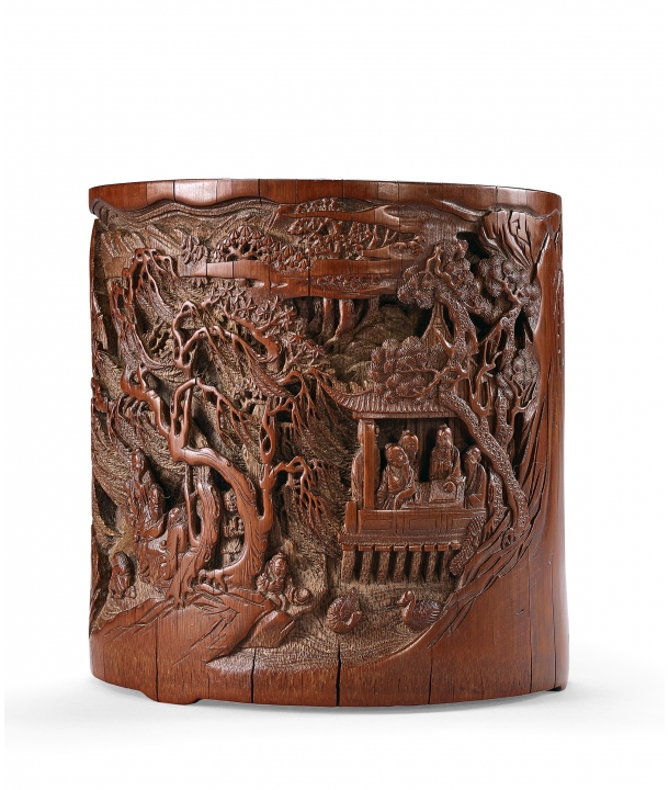 鳳】中国古玩 中国美術 時大彬 山雲刻 朱泥 漢詩 筆筒 検：