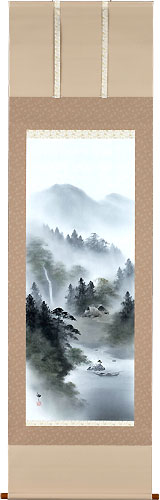 山水の掛け軸 塩川栖二作 彩色山水