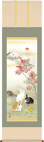 開運・鯉の滝登り 長江桂舟作 三兎南天福寿 干支の掛け軸 卯年/兎/うさぎ