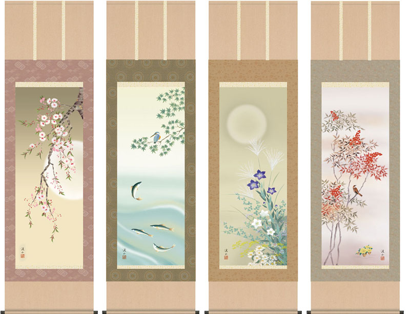 伊東渓水筆 紙本彩色花鳥画【竹に鶯図】 掛軸 軸先漆塗木 自題箱 487