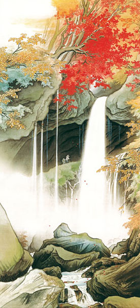 掛け軸 河合玉堂 『 彩雨 』 絹本 名品 複製 希少 軸装 茶道具 掛軸 美