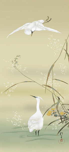 模写】掛軸酒井抱一団扇に朝顔図夏の風情季節の掛け物合箱入S182