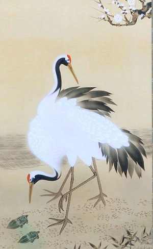 鶴亀の掛け軸 鈴木岳峰作 松竹梅鶴亀 p6501