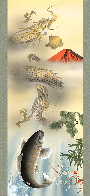 飾り絵皿(鯉の滝登り) 水晶絵 アートパネル 昇り鯉 鯉の滝