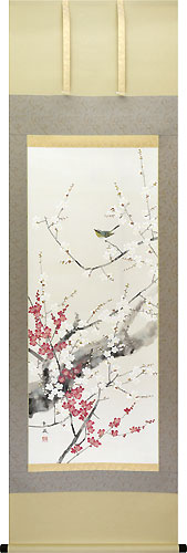 花鳥の掛け軸 出口華凰作 紅白梅に鶯