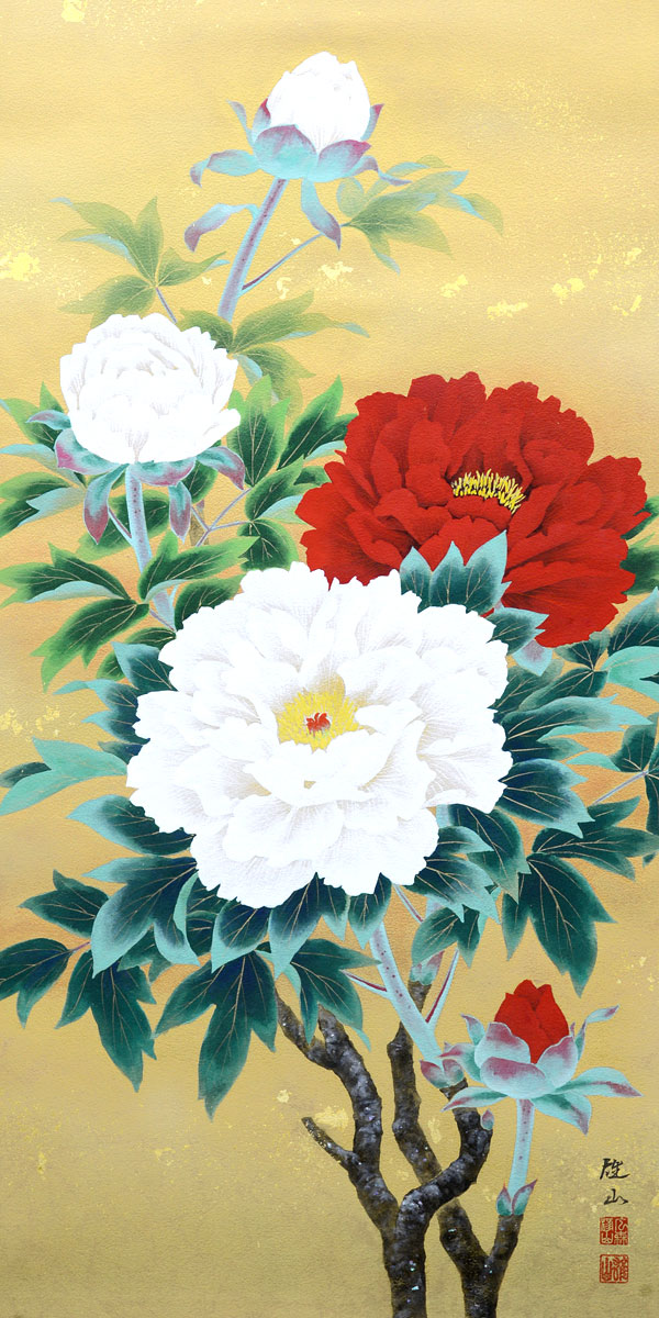 真作】掛軸 牡丹図 豪華な白牡丹の図 美麗花鳥画作品 優美