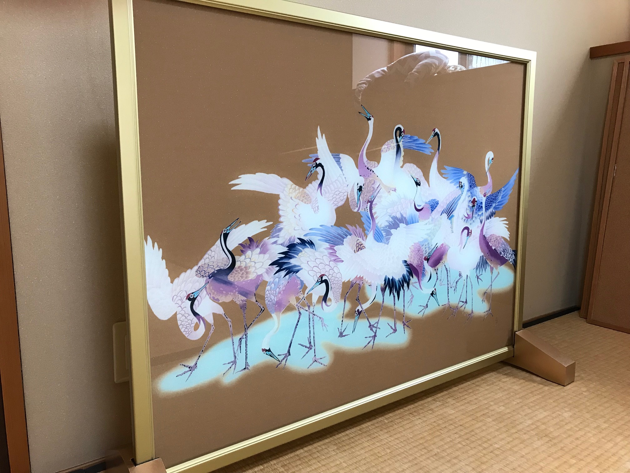 TI】中国骨董貴重品！ 美しい鶴と花の屏風 四つ折り I-607 四つ折りの