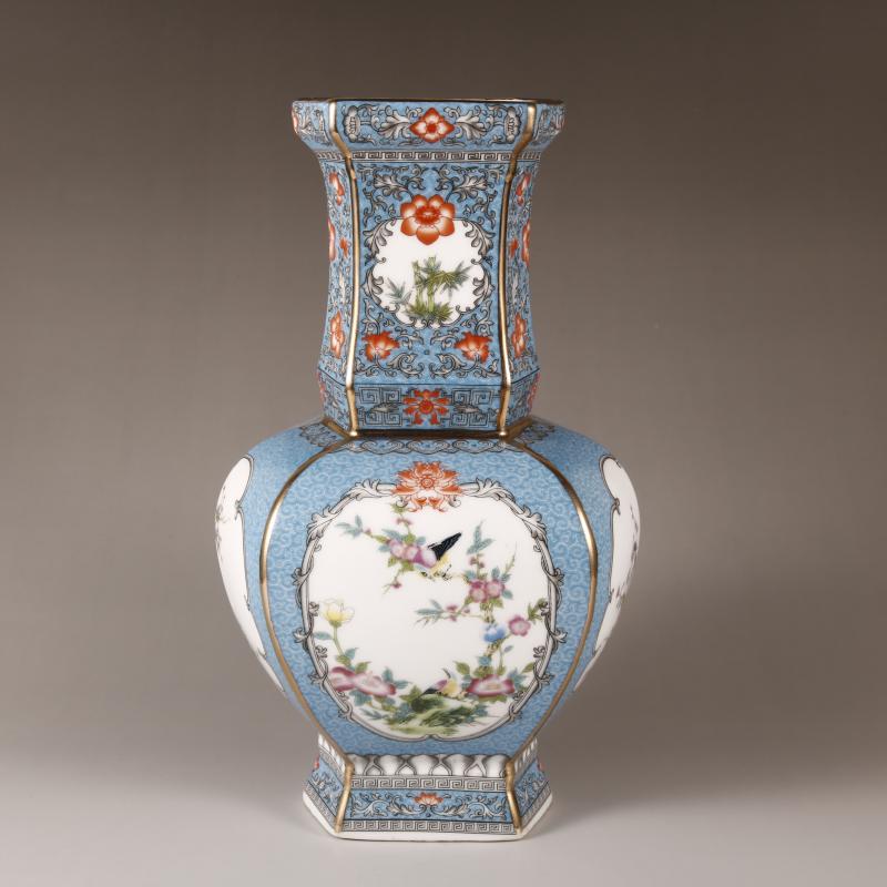 青花双喜文字花觚花瓶 景德镇 陶磁器 装飾品 現代工芸品 美術品 置物