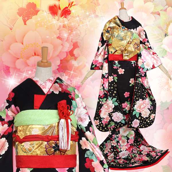 引き振袖：W004 黒 桜と椿| 婚礼衣装レンタル | 京都着物レンタル夢館