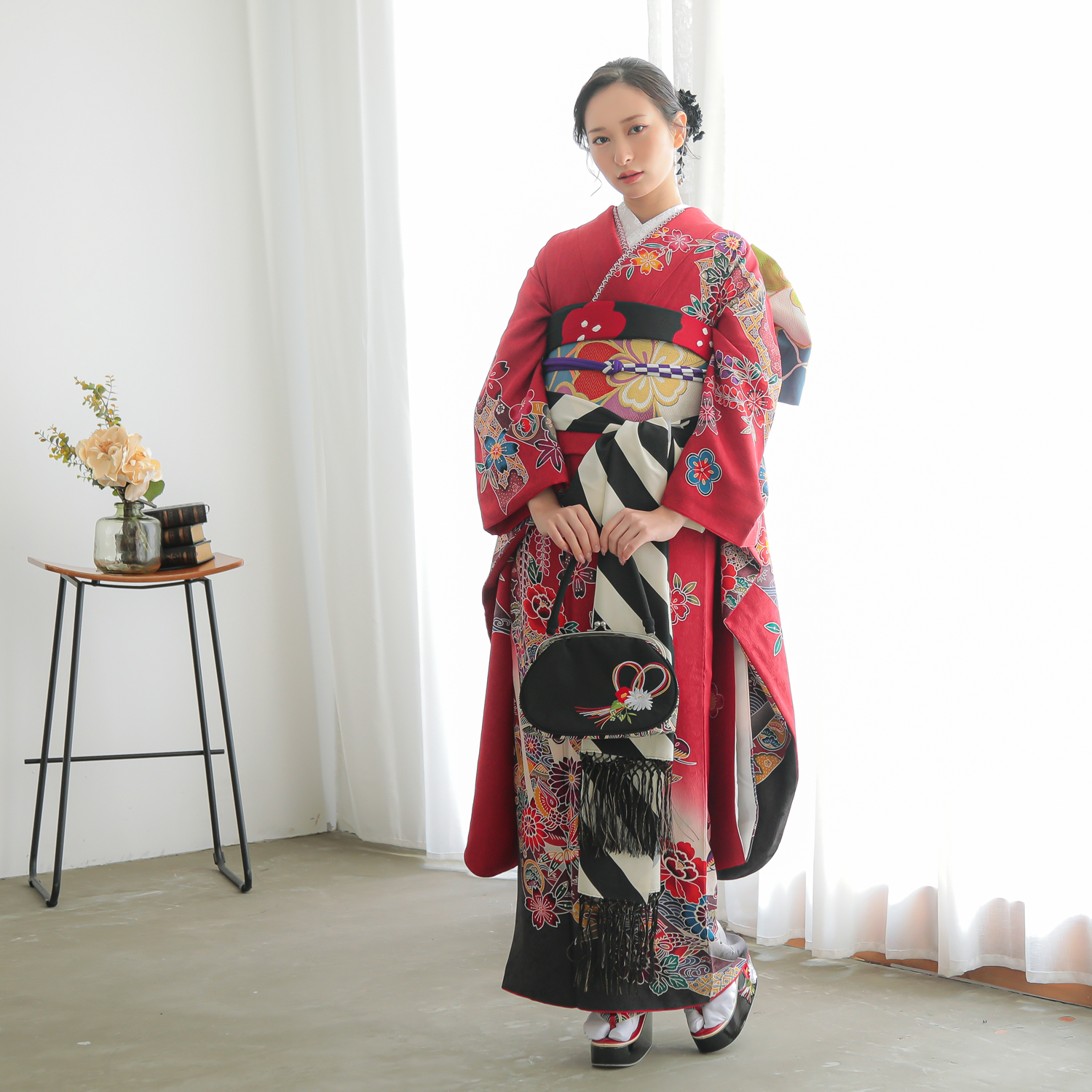 正絹 紅型調赤振袖＆長襦袢＆帯揚げ帯締めセット 【公式通販】