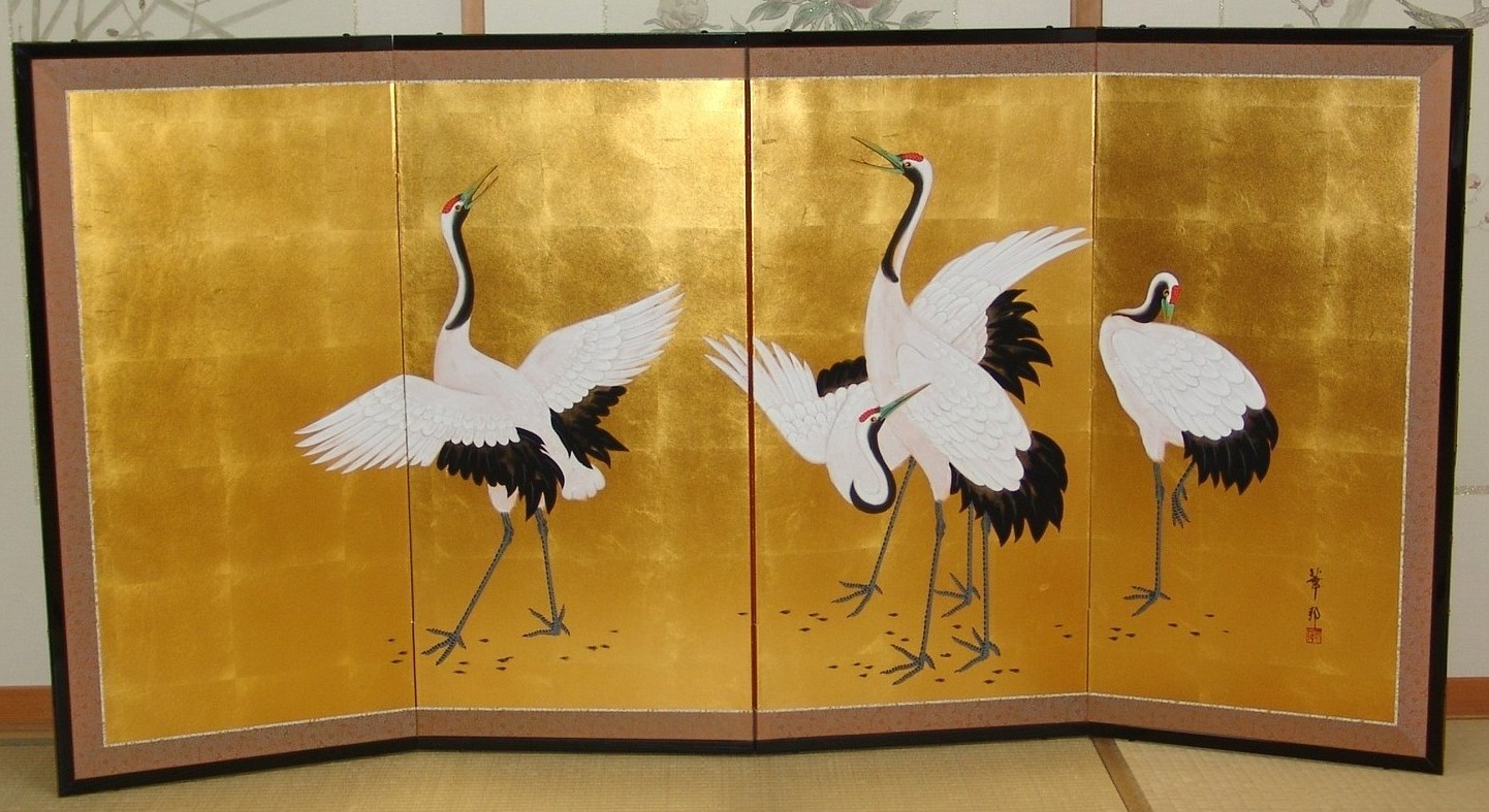 三つ折り四曲屏風 日本画 金箔着色 ケシ花に蝶 - メルカリ 三つ折り