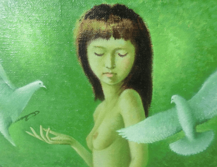 佐藤カツヤ 「ハトと少女」 ① 油彩画 | 八事商事 | 絵画レンタル