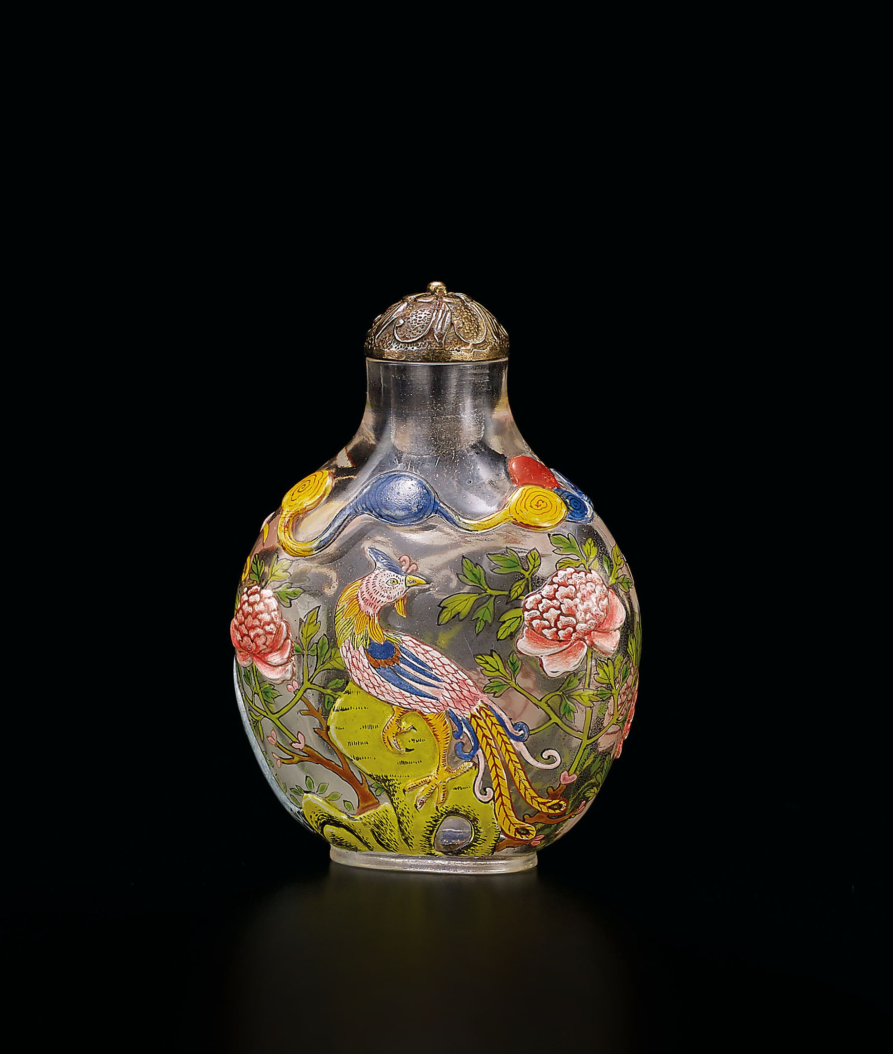 透明料胎琺瑯彩鳳戲牡丹圖鼻煙壺-宇珍國際藝術| Yu Jen Taipei重要中國