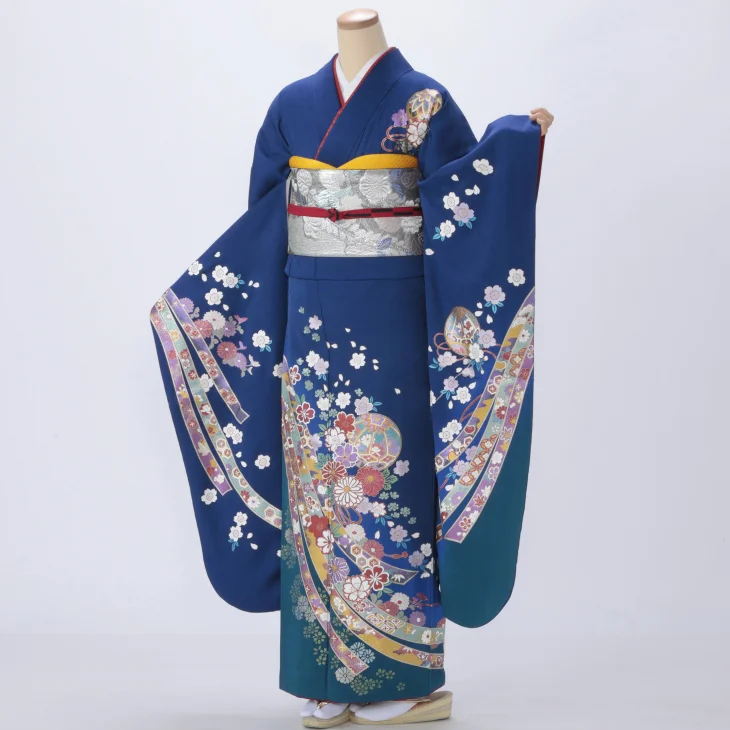f1019013r】【青・紺系】振袖 レンタル フルセット Lサイズ 【状態:A