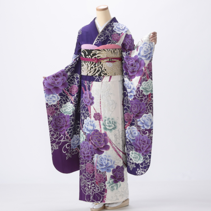 振袖藤の花模様の紫と白の振袖長襦袢付き 紫系｜【