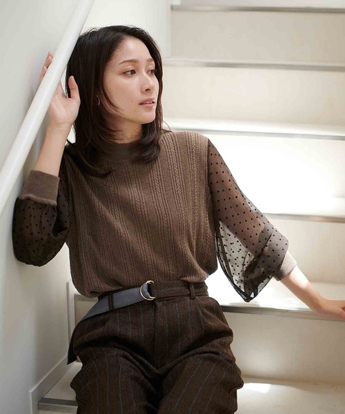 Jines（ジネス） ニット セーター ケーブル編 袖ドット柄ドッキング