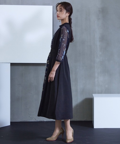 Callarus ドレス 「Callarus」スタンドカラーフロント刺繍レース切替