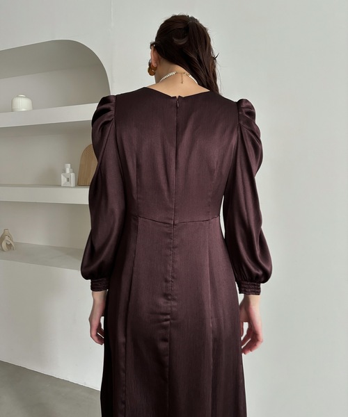 ドレス サテンVネックタックフレアドレス 結婚式 二次会 成人式 同窓会