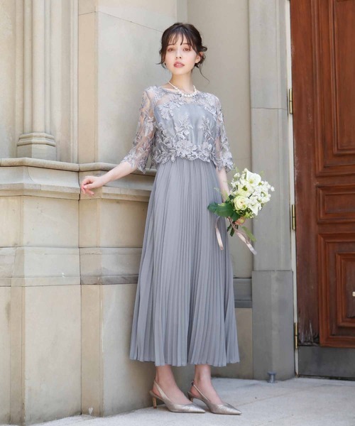 GIRL DRESS FOR NOW ドレス 刺繍レース切替え5分袖 プリーツ ロング