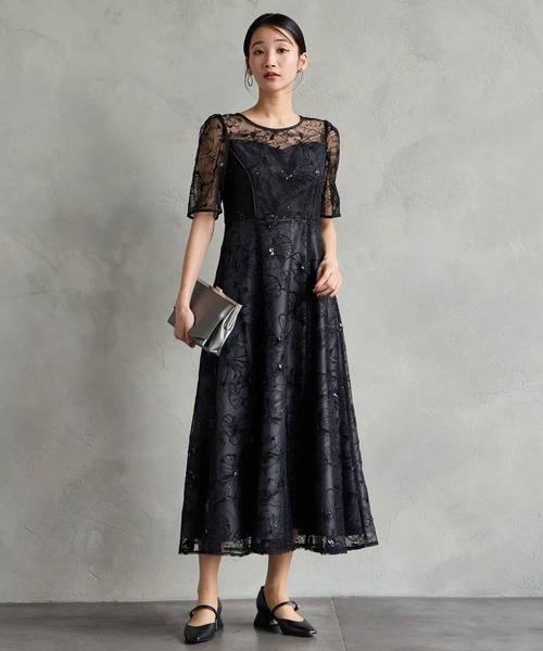 AIMER（エメ） ドレス フラワーモチーフスパンコール刺繍ミモレ丈袖