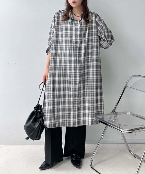 AS KNOW AS（アズノゥアズ） シャツワンピース 異素材合わせて7分袖