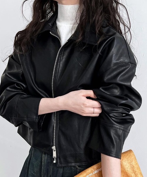 レザージャケット ライダース ショート丈 シンプルデザイン レディース