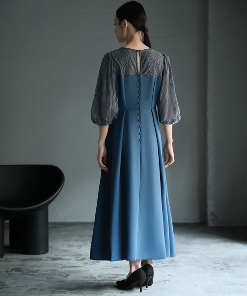 GIRL DRESS FOR NOW ドレス レース切替えパフスリーブ フレア ロング