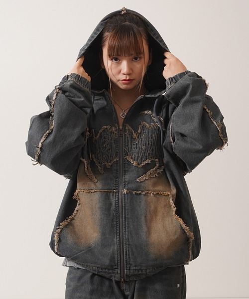 デニムジャケット gジャン トライバルフリンジ デニムZIPパーカー