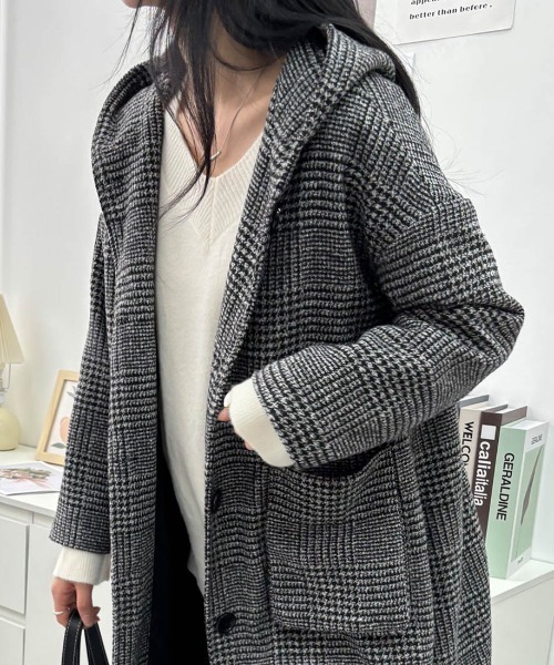 ピーコート pコート 千鳥格子ツイード調ミドルフードコート レディース