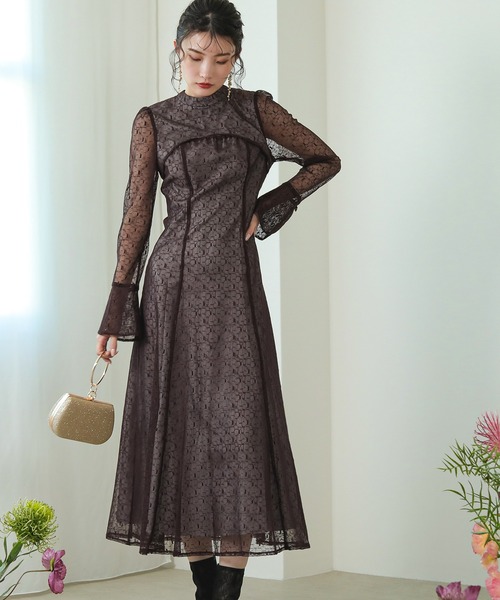 Kana ドレス 幾何学柄 レース バックオープン ワンピース パーティー