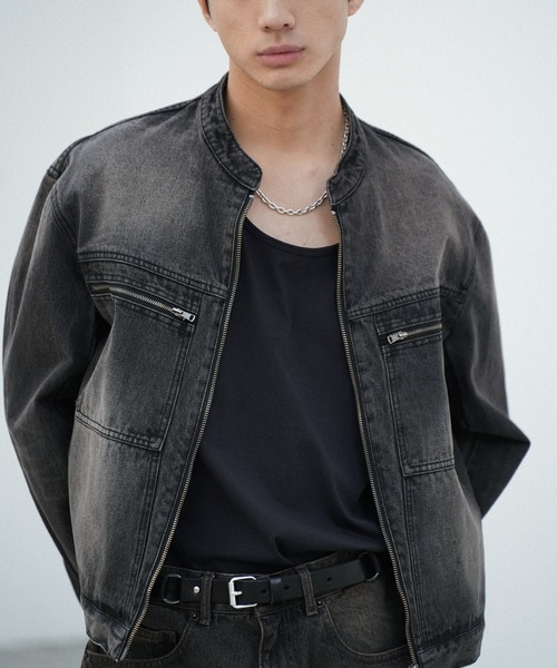 WYM LIDNM デニムジャケット gジャン VINTAGE WASHED DENIM ZIP MOTO