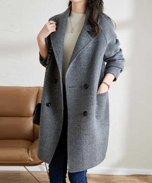 コート アウター ヘリンボーン柄 ダブルブレストコート レディース