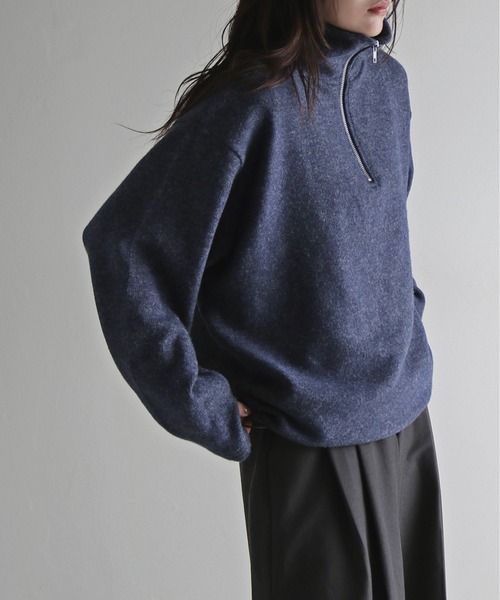ニット セーター 指穴付きルーズシルエットメランジニットハーフジップ