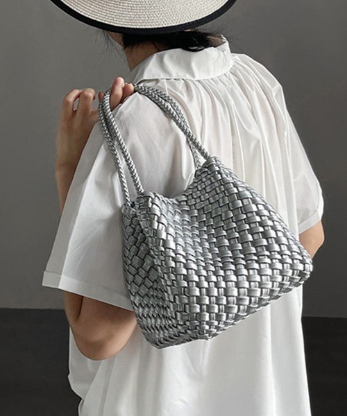 ハンドバッグ 編み込みデザインハンドバッグ×ミニバッグ付き