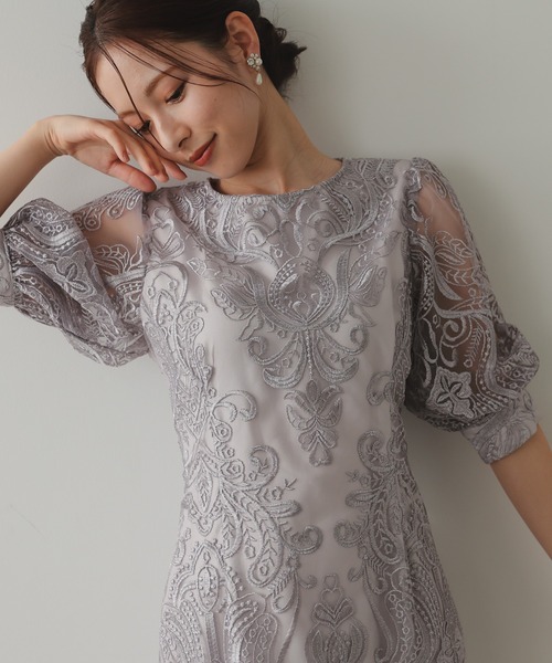 haremode（ハレモード） ドレス 刺繍 レース ミモレ丈 後ろリボン