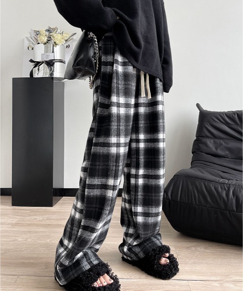 パンツ ハイウエスト チェック ワイド 起毛 レディース : ZOZOTOWN