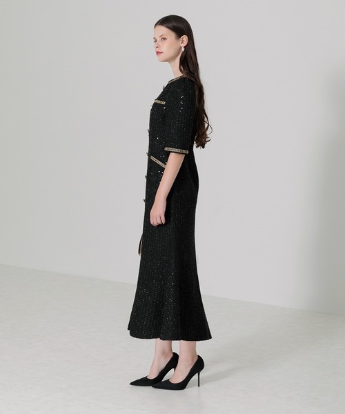 Leja（レジャ） ドレス 「LEJA」ラメ混ツイードレザーパイピングパール