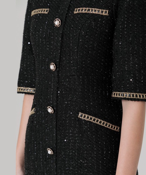 Leja（レジャ） ドレス 「LEJA」ラメ混ツイードレザーパイピングパール
