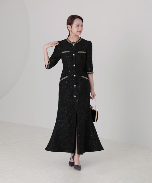 Leja（レジャ） ドレス 「LEJA」ラメ混ツイードレザーパイピングパール