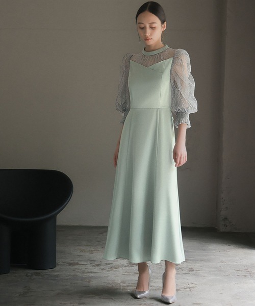 GIRL DRESS FOR NOW ドレス ダイヤチュール切り替えギャザースリーブ