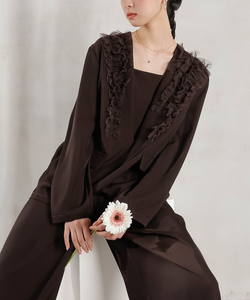 Kana パンツドレス チュールフリル ジャケット ワイドパンツ 2点セット