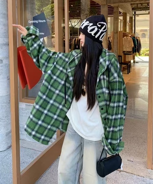 AsheKsha ブラウス シャツ 「新作」ジェンダーレス--チェック柄フード
