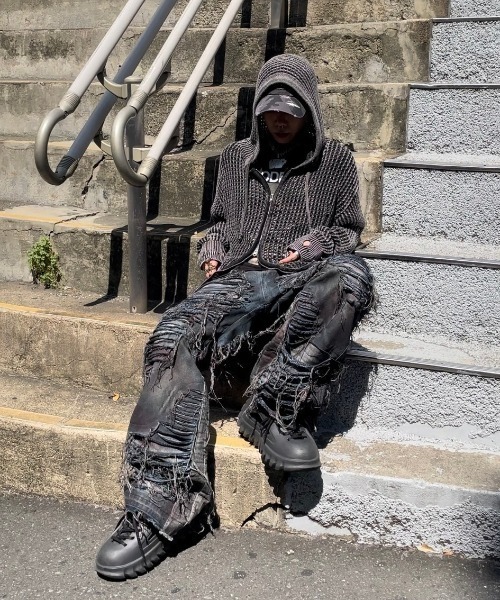 XU パーカー 「Never mind the XU」mesh zip damage hoodie / 「ネバー