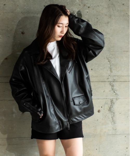 SUGGESTION 革ジャン ライダース Big silhouette fake leather short