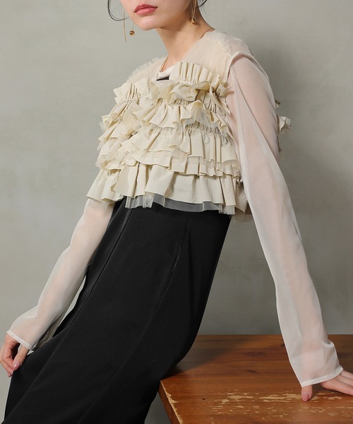 Kana ドレス ボリュームフリルベスト シアートップス キャミワンピ