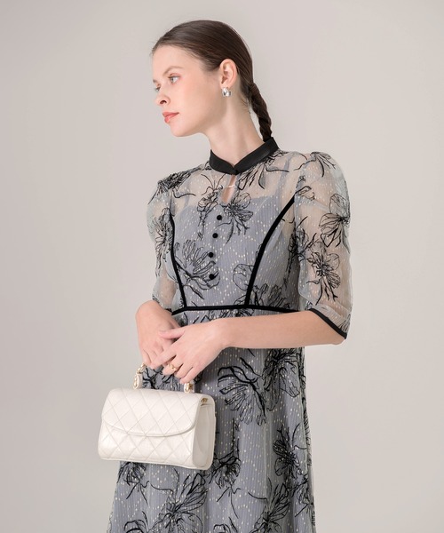 Leja（レジャ） ドレス 「LEJA」配色パイピングプチハイネック花柄刺繍