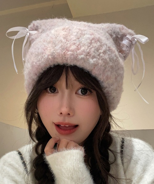 ニット帽 ニットキャップ Nia(ニア)/レースアップリボン 猫耳ビーニー