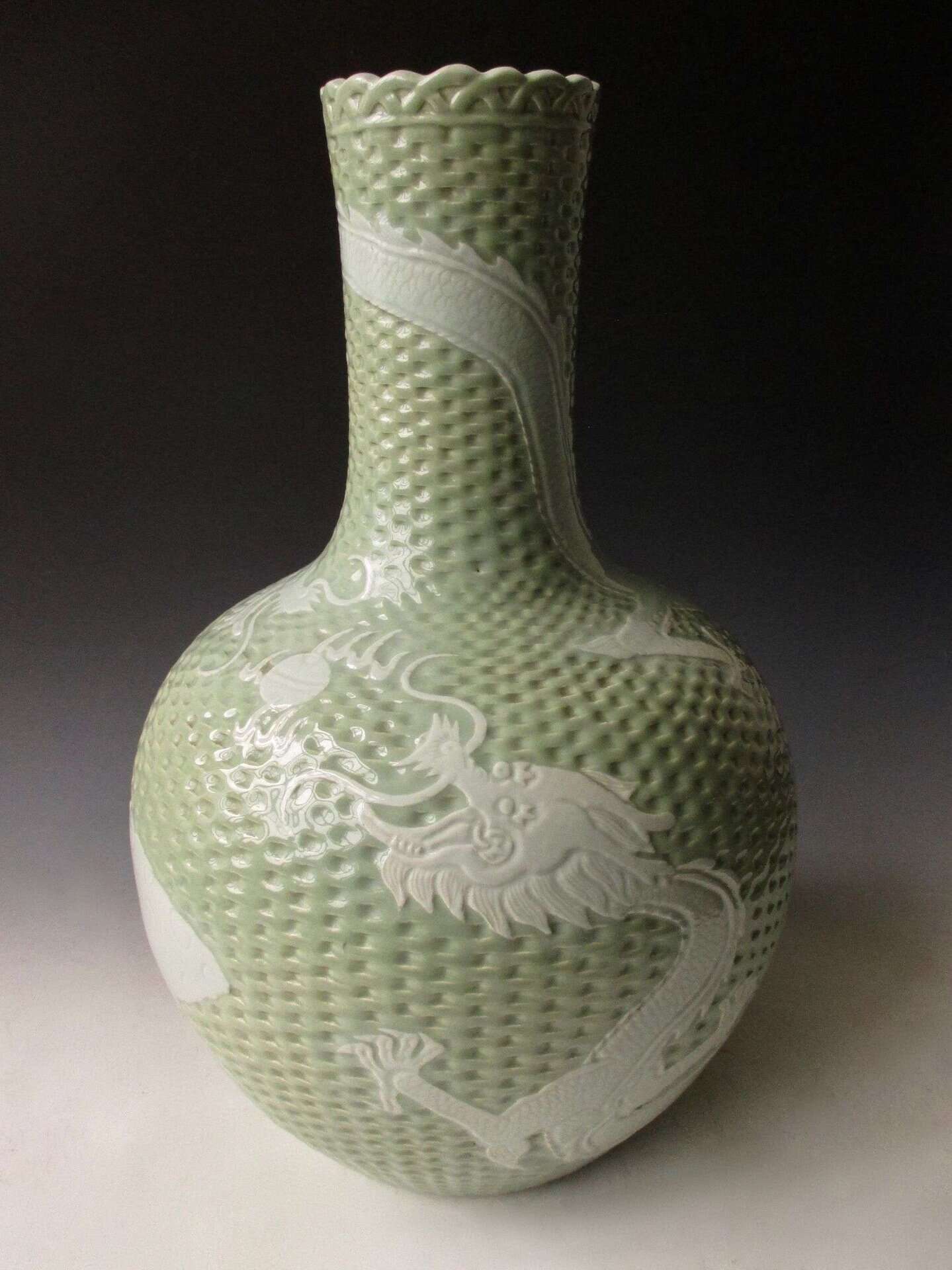 Large Chinese Antique Celadon Vase with Dragons - Zentner Collection