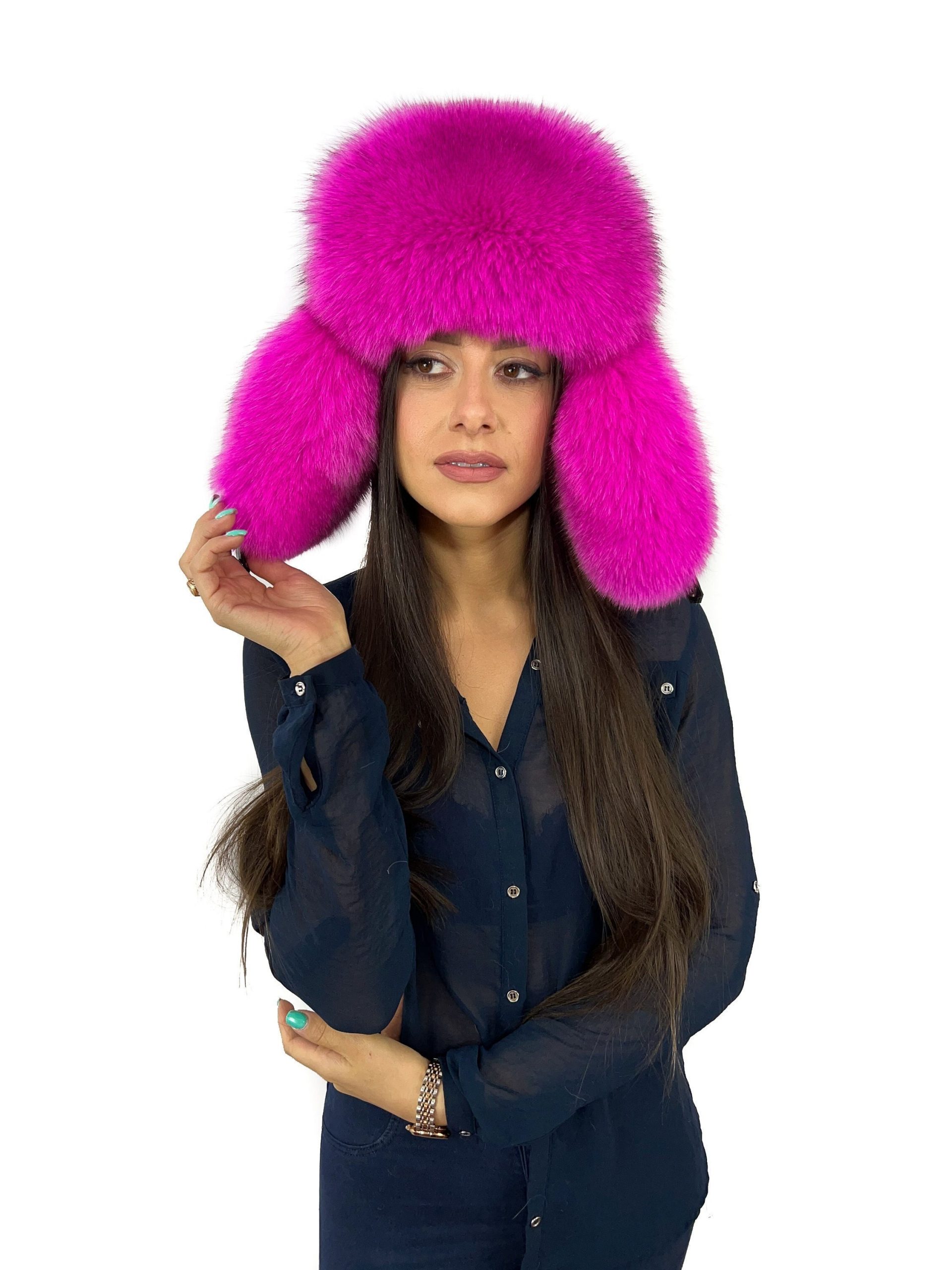 Arctic Fox Fur Trapper Hat, Saga Furs Hat Fuschia Pink Fur And